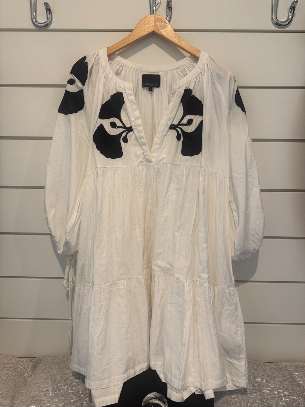 Cynthia Rowley White Tiered Long-Sleeve Dress with Black Floral Embroidery